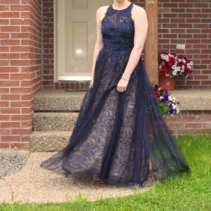 Womens prom / bridesmaid navy dress size 10 lace and bling XScape